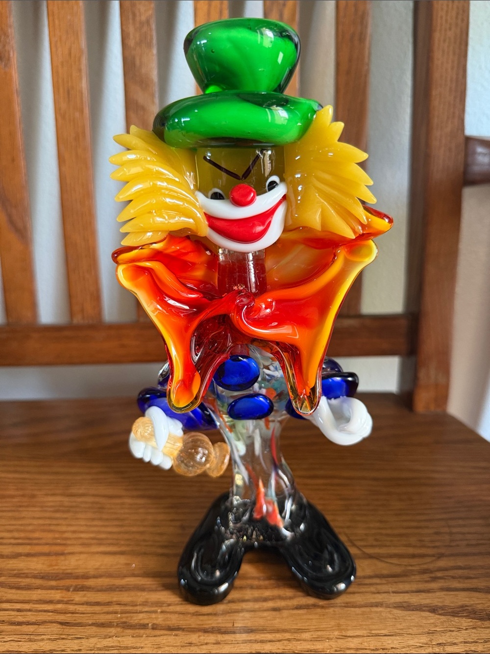 Murano Multicolor Clown Sculpture with Green Hat and Orange Collar